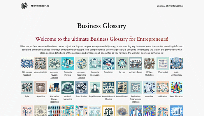 example-pseo-glossary-hub-for-ai-agent | Profit Swarm .ai Example of pSEO Glossary Hub (made by an AI Marketing Agent)